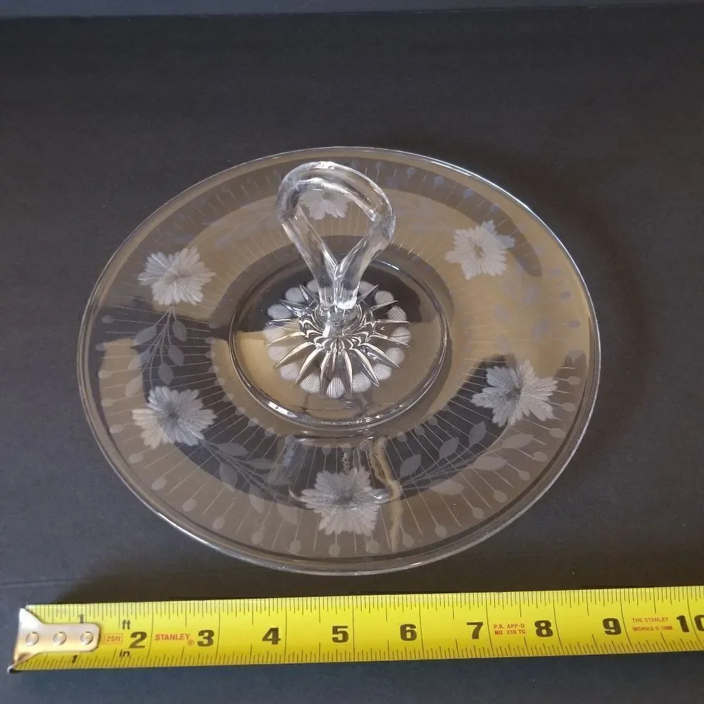 Vintage round etched glass serving tray